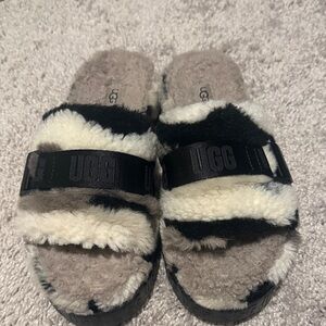 UGG Black and Cream Fuzzy Slides